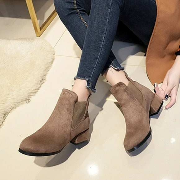 drppepioner Boots for Women Fall Winter Solid Color Flock Boots Chunky Heel Middle Heel Short Boots Pointed toe Boots