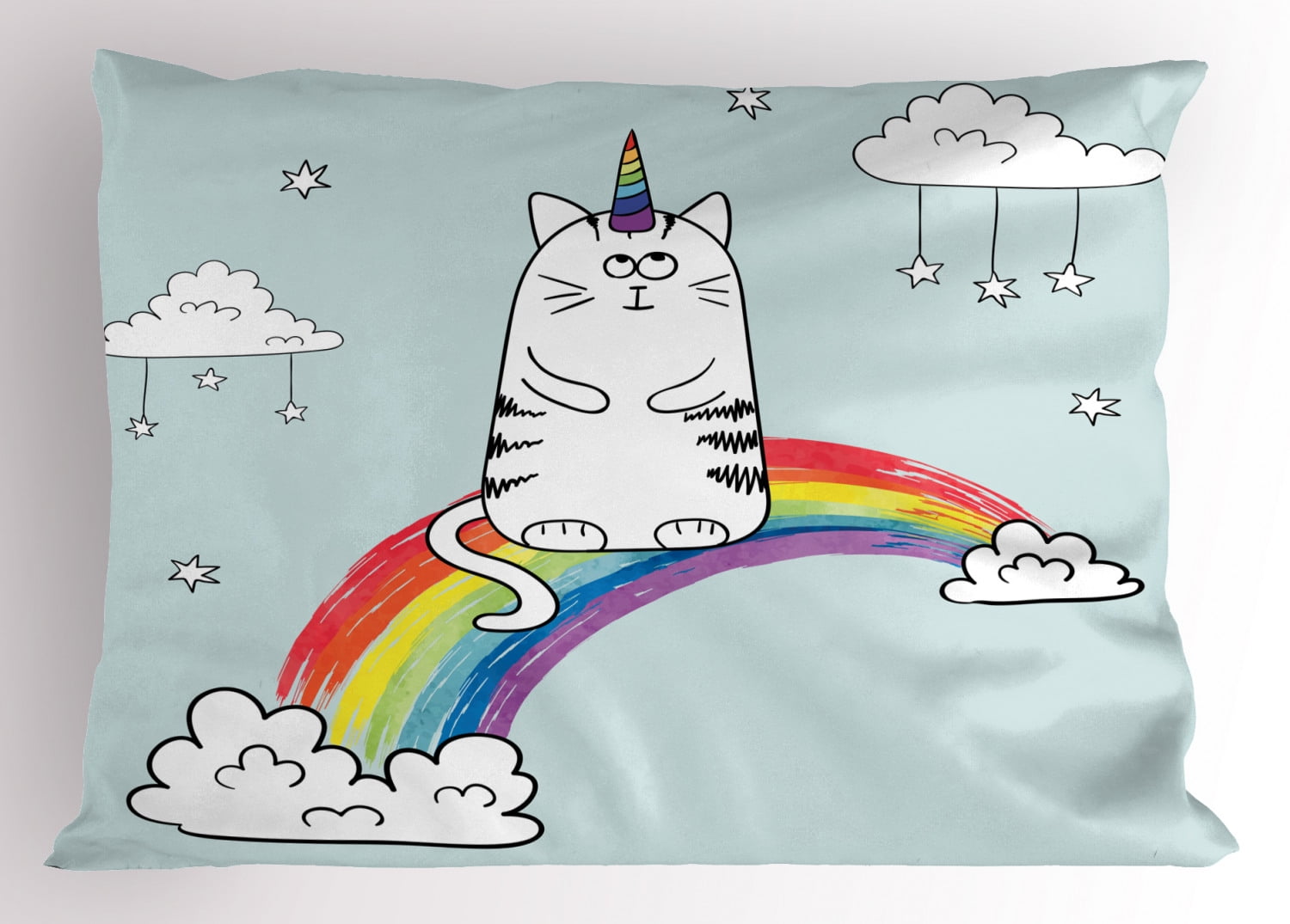 Unicorn Cat Pillow Sham Lovely Figure on Sketchy Rainbow Follow Your