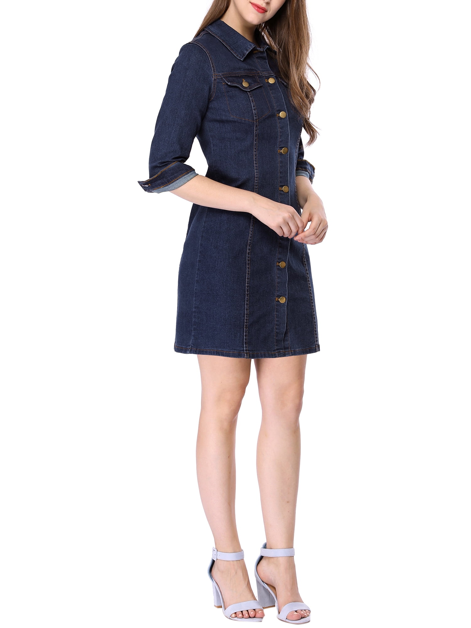 DARING DIVA 3/4 Sleeve Button Down Denim Shirt Dress M Blue