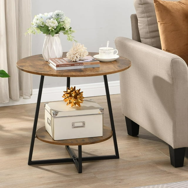 Tables d'Appoint d'Accent pour Salon, Table d'Appoint Ronde Moderne de 20 Pouces avec Cadres en Métal, Table de Chevet Ronde, Petite Table Basse pour Petits Espaces, Brun/noir Rustique