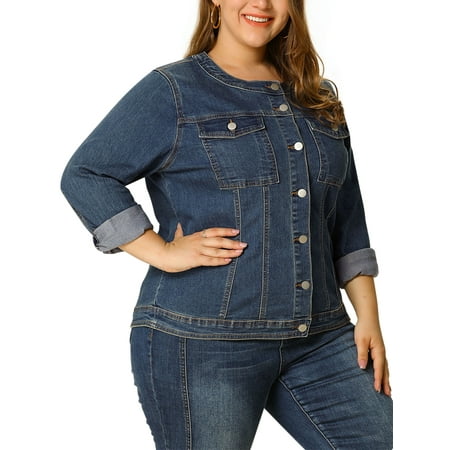 Agnes Orinda Women's Plus Size Collarless Denim Jacket 4X Blue ...