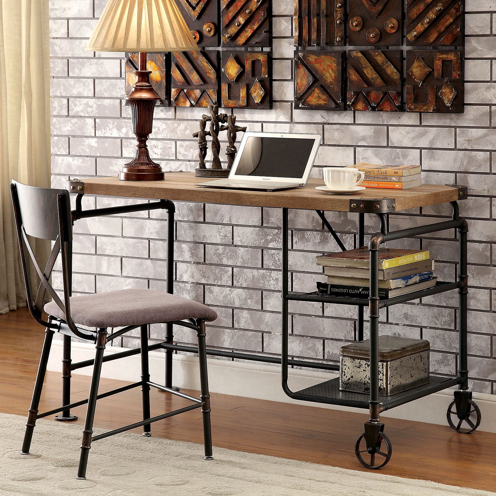 Astoutdoor Industrial Style Desk with Open Shelves and Casters, Antique Black Finish