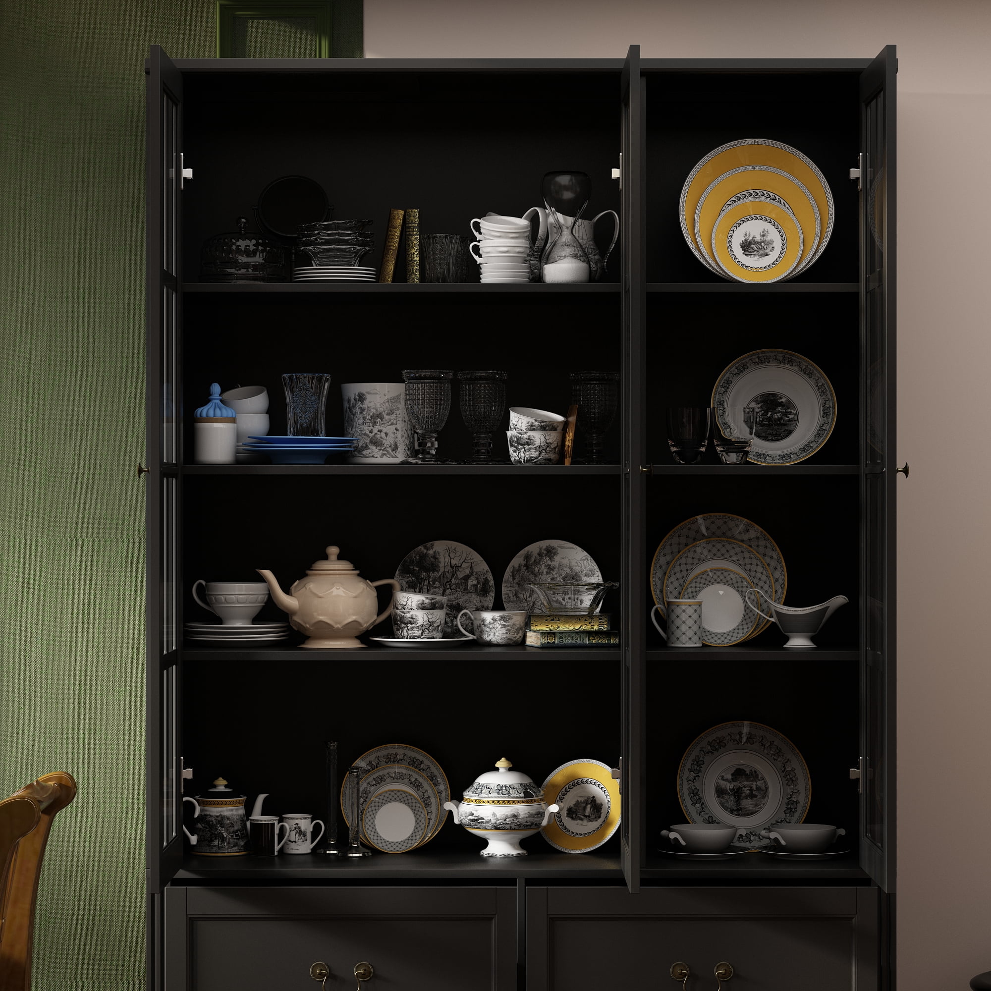 KULAGAGA 78.7" H Kitchen Pantry Cabinet with 4 Drawes, Display Storage Cabinet Bookcase for Home Office,Black