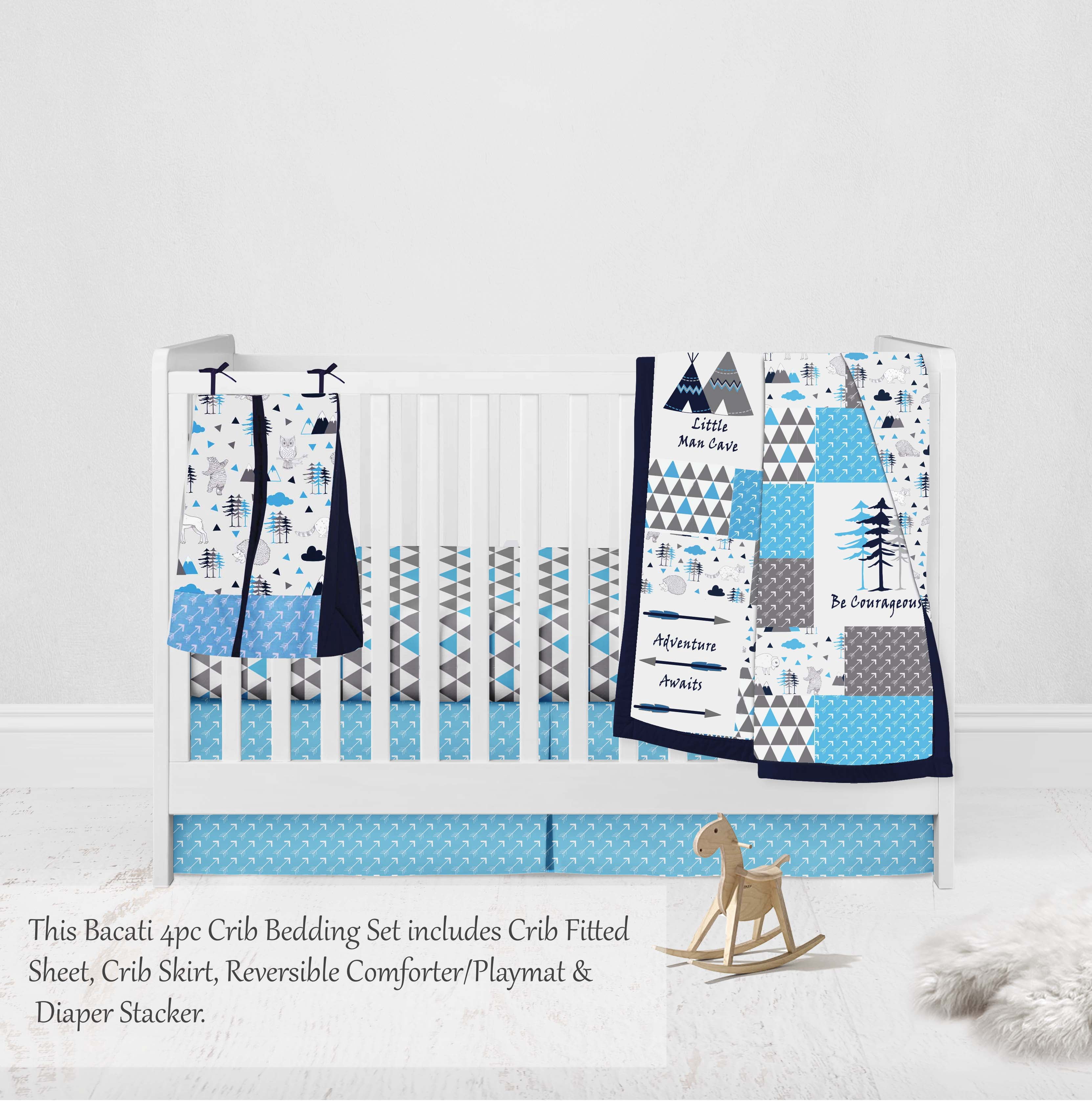 Bacati - Woodlands Aqua/Navy/Grey 4 pc Boys Cotton Crib set with Diaper Stacker, CC, CSK, DS. CFS