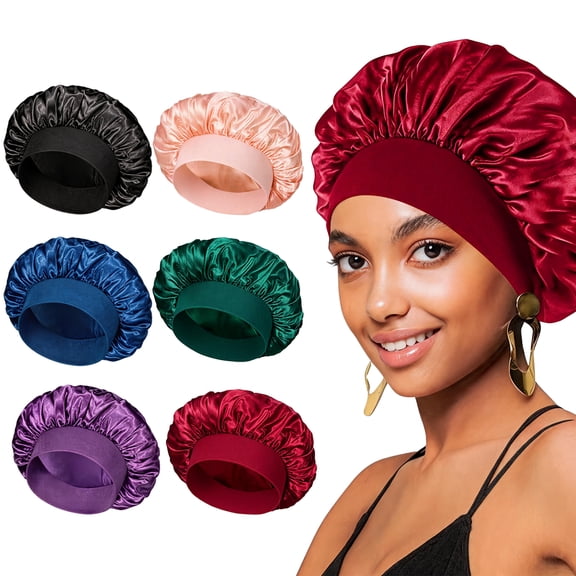 AllAreN 6 Pcs Satin Bonnet for Sleeping, Wide Soft Band Bonnet, Elastic Wide Sleep Cap for Curly Braids Reduce Frizz