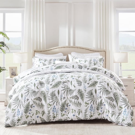 Sleep Zone Queen Size Comforter Set Bed in a Bag, 7 Pieces Soft and Cooling Comforter Down Alternative Quilted Comforter, Breathable and Easy Washable (Tropical Plants Green, Queen)