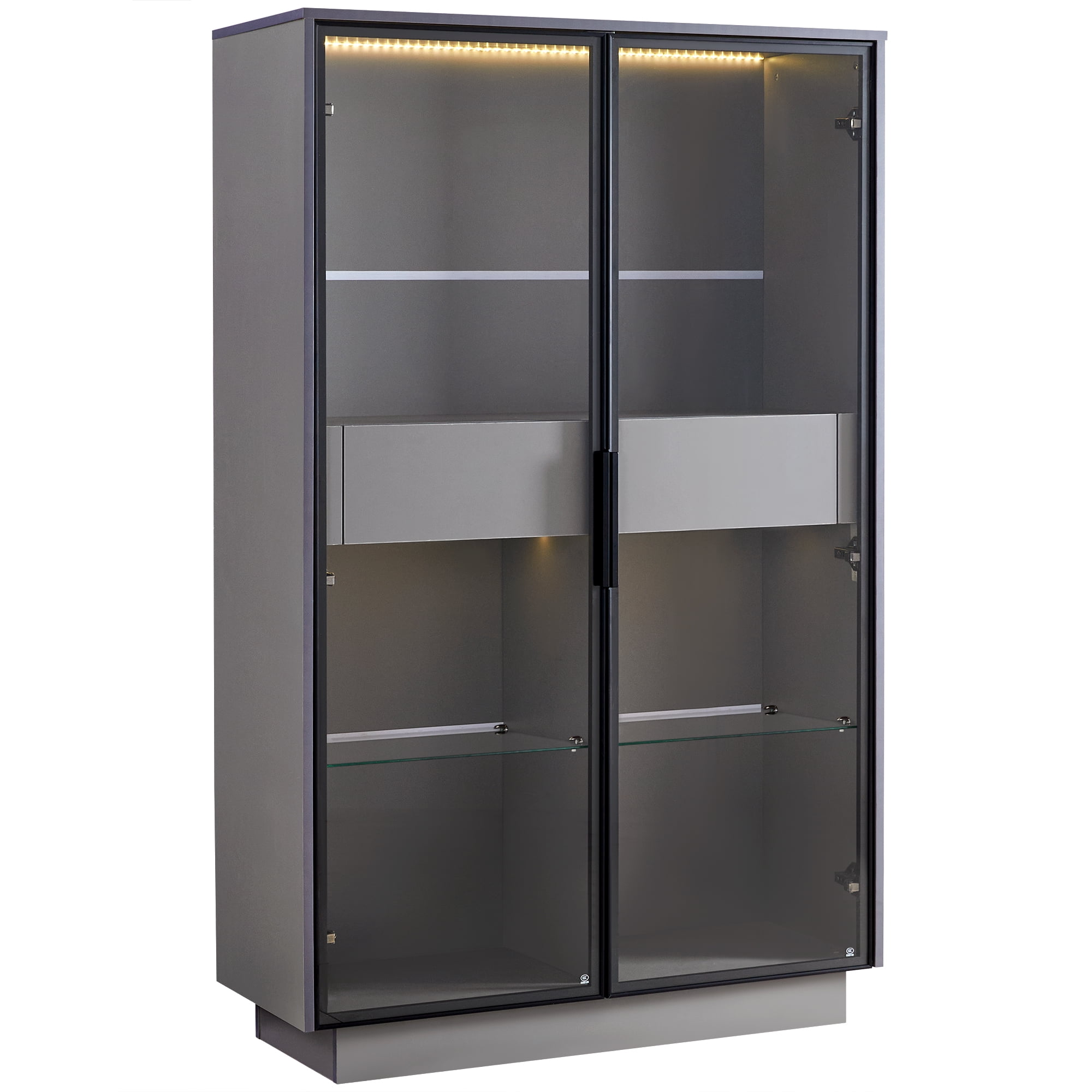 Euroco Modern Narrow LED Glass Display Cabinet with 2 Adjustable Shelves and Storage Drawers, Tempered Glass Doors, 21.6” Wide Showcase