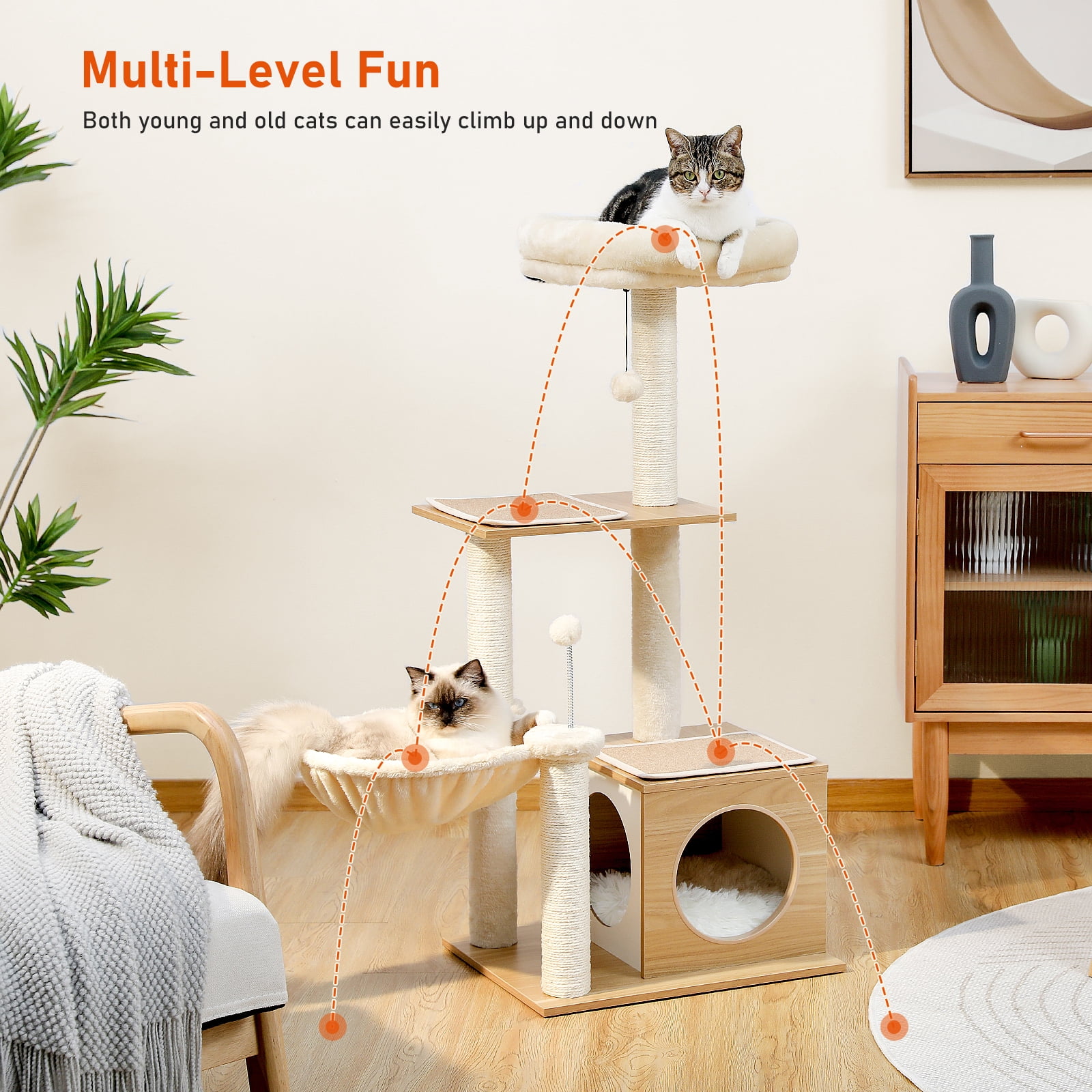 Pefilos 43" Modern Cat Tree for Indoor Cats,Multilevel Play House Cat Tower with Cat Condo, Scratching Post, Cozy Hammock and Plush Pompom, Beige