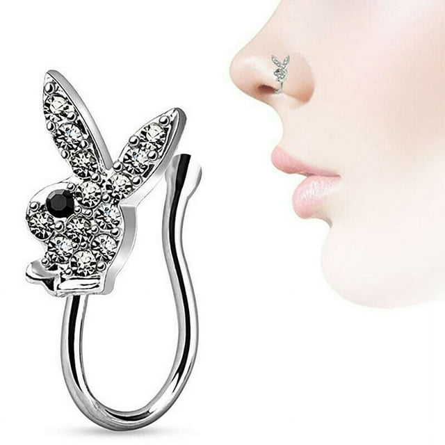 Joyería para el cuerpo, bonito brazalete de circonita, conejo, sin perforación, anillo de nariz falso con Clip