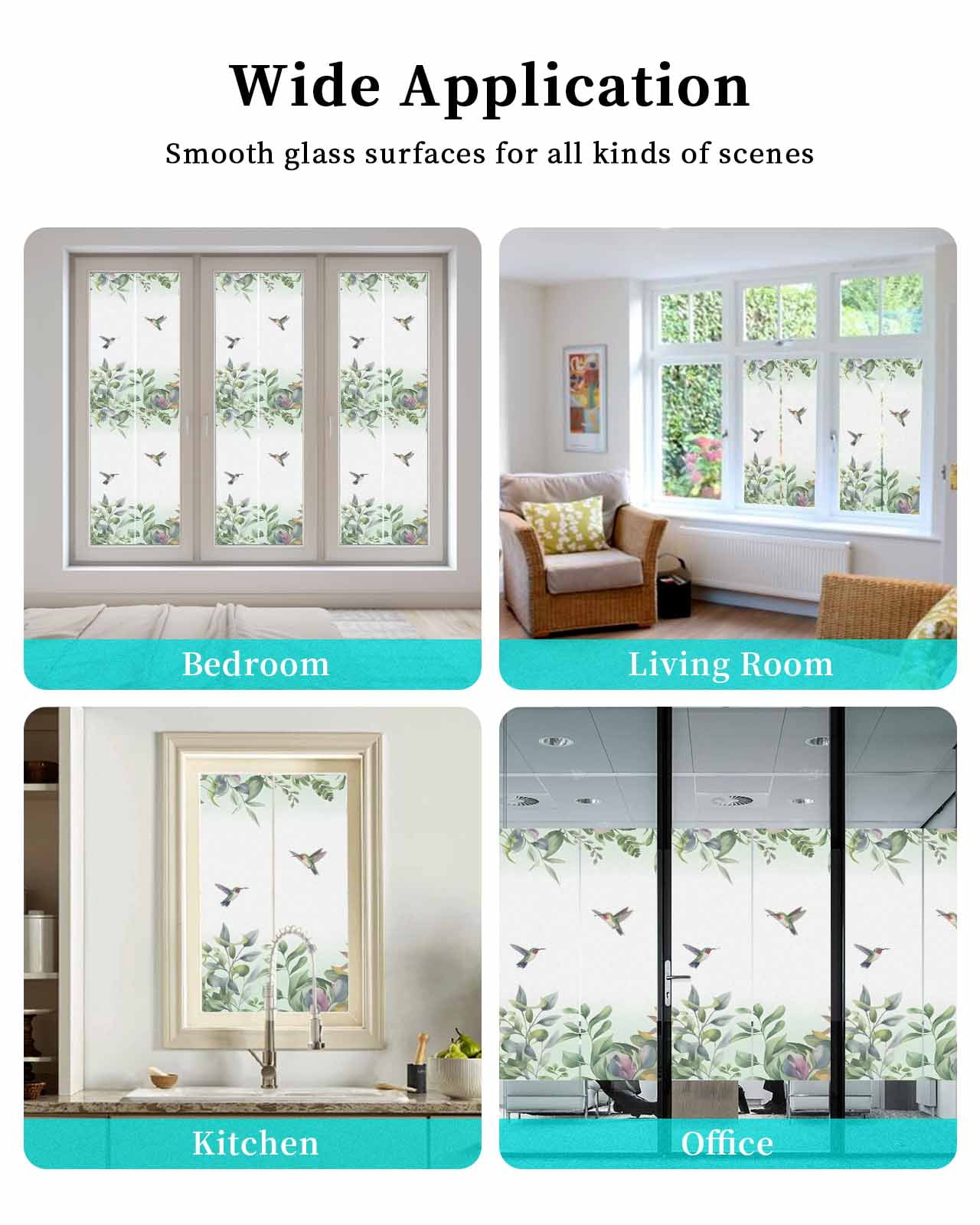 Window Privacy Film Leaf Bird Stained Glass Window Film Decorative Sun Block Window Cover Sage Greeen Botanical Watercolor Plant Window Clings Static Adhesive Sticker for Bathroom 23.6"x59"