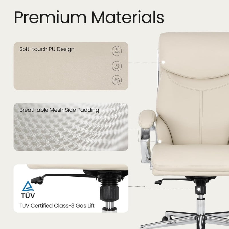 COLAMY High Back Executive Office Chair, PU Leather Computer Desk Chair with Extra Thick Padded Seat Cushion, Quiet Rubber Rolling Casters and Adjustable Tilt Tension for Home Workspace,Beige