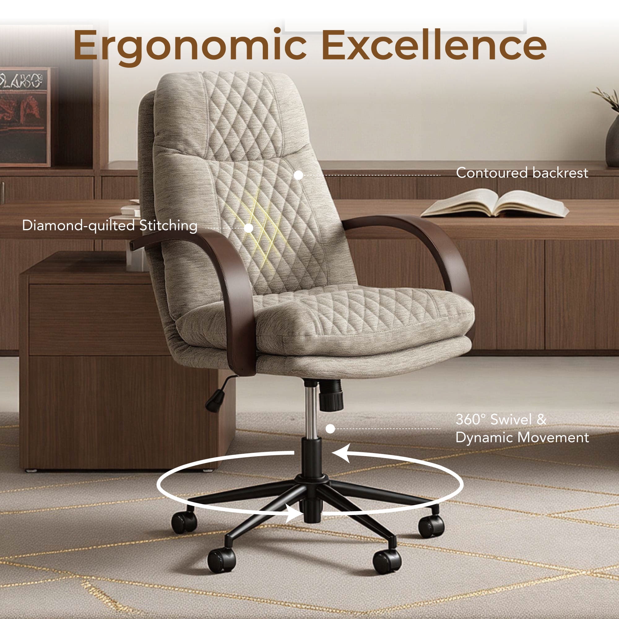 Spruce & Spring Modern Ergonomic Swivel Office Chair with Bentwood Arms, Upholstered High Back Desk Chair with Tilt Function and Durable Metal Base, Khaki