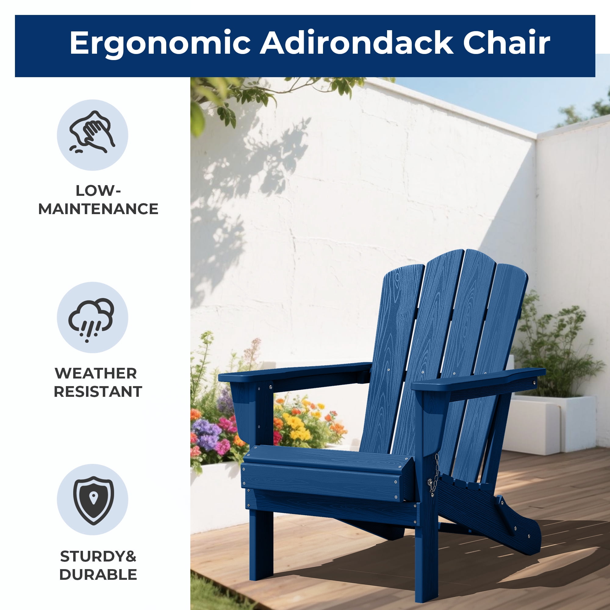 FUNDAZE HDPE Adirondack Chair, Foldable Weather-resistant Outdoor Chair for Patio, Poolside, Garden, Yard, Navy Blue