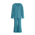 thumbnail image 4 of Women's V-Neck Two Piece Set, Oversized Pullover and Flared Pants, Loose Fit Lounge Set, Brushed Fleece Loungewear Outfit, Jogger Set Sky Blue XXXL, 4 of 5