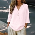 thumbnail image 2 of MVRLSH Womens Tops Shirts Blouse Casual 3/4 Sleeve V Neck Button Solid Plus Size Breathable Summer Top Loose Fit Linen Blouses Pink - XXXXXL, 2 of 7