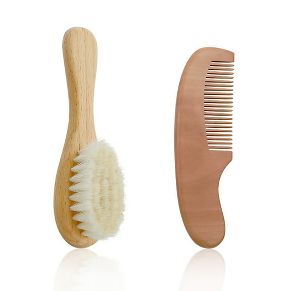 Dsseng 2 Pack Baby Hair Brush and Comb Set for Newborn, Natural Wooden Hairbrush with Soft Bristles for Cradle Cap