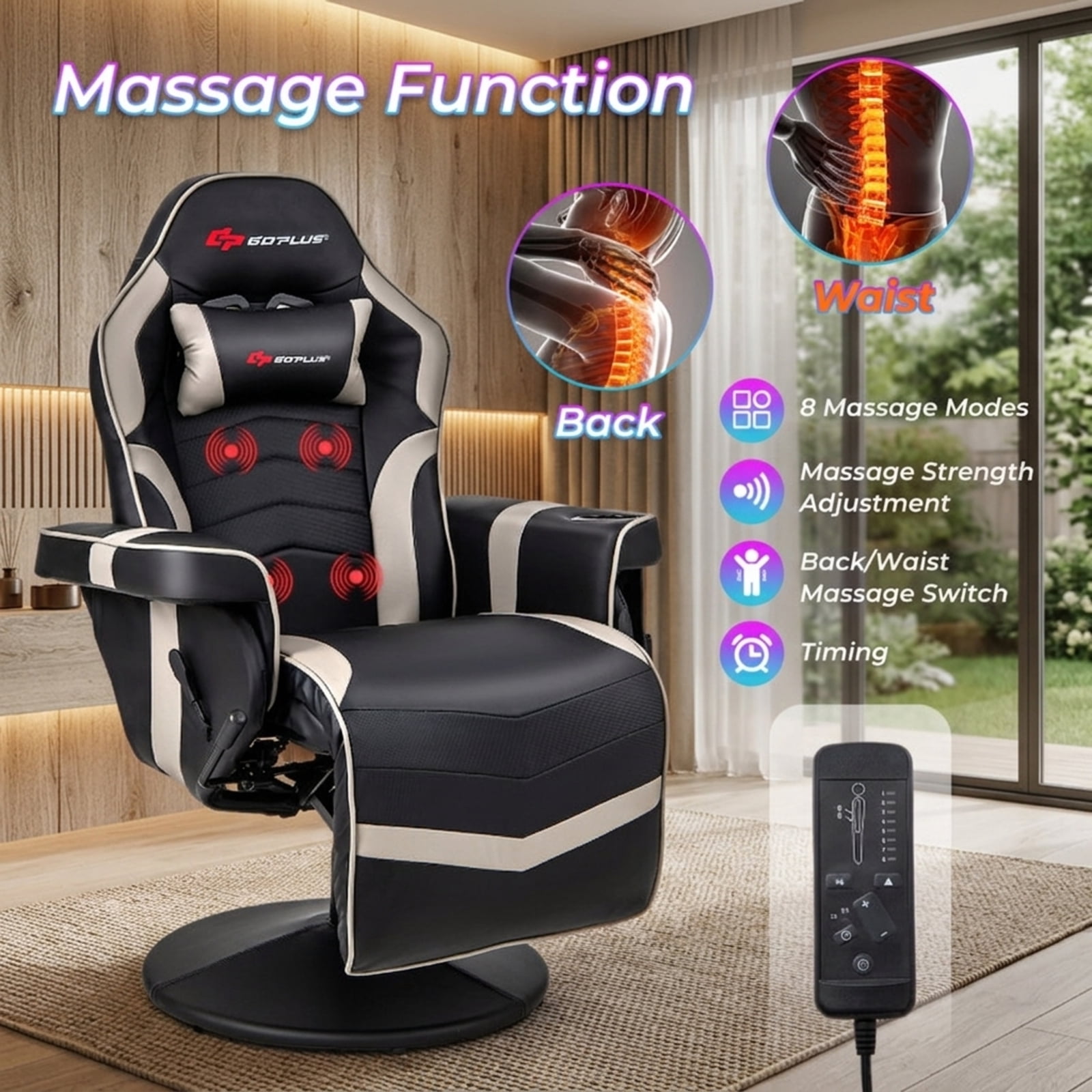 Furnibear Massage Video Gaming Recliner Chair with Adjustable Height Reclining Backrest Removable Headrest and Cup Holder for Gaming and Office, Gray
