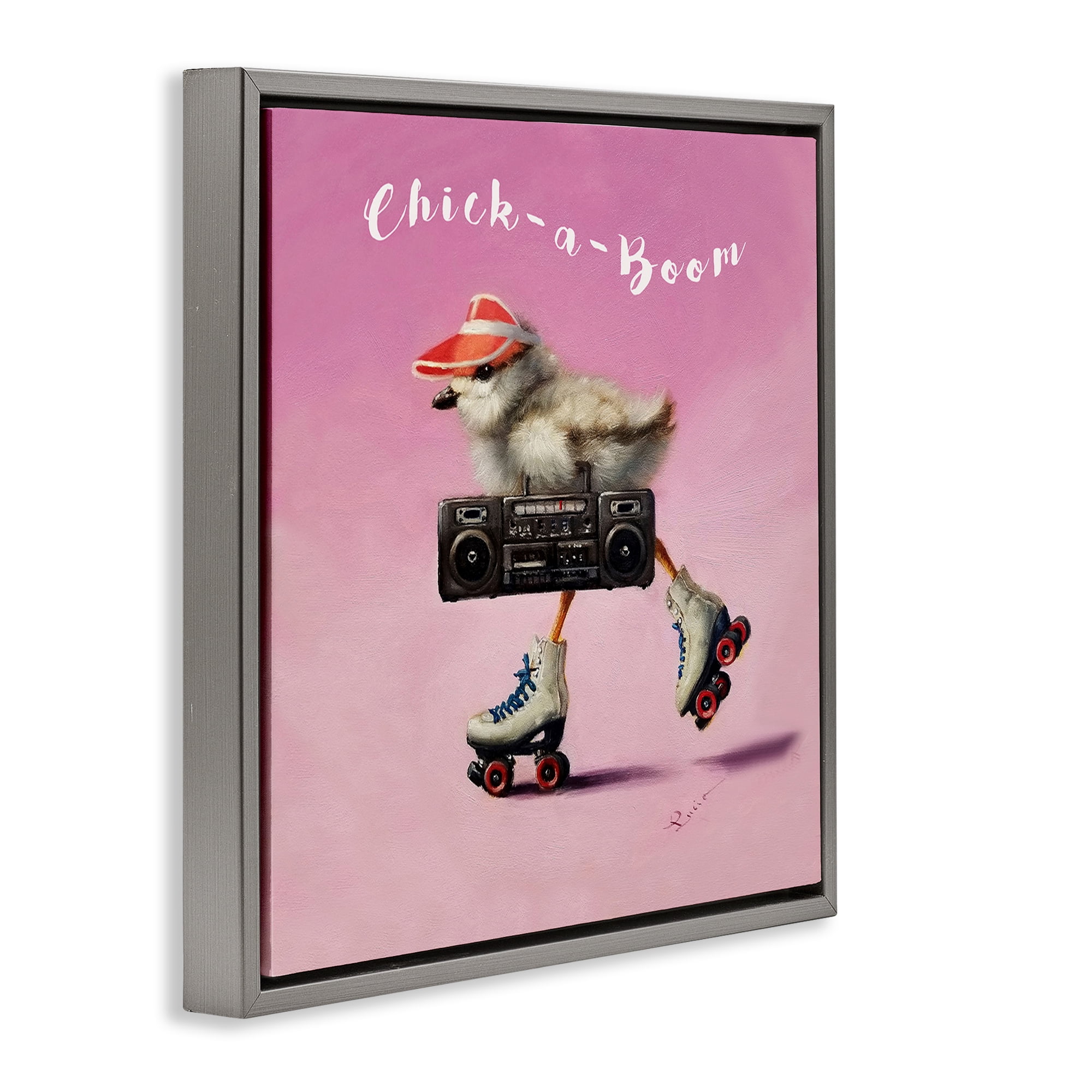 Stupell Industries Chick-A-Boom Boombox Bird Animals Painting Gray Floater Framed Canvas Art Print Wall Art, 25 x 25