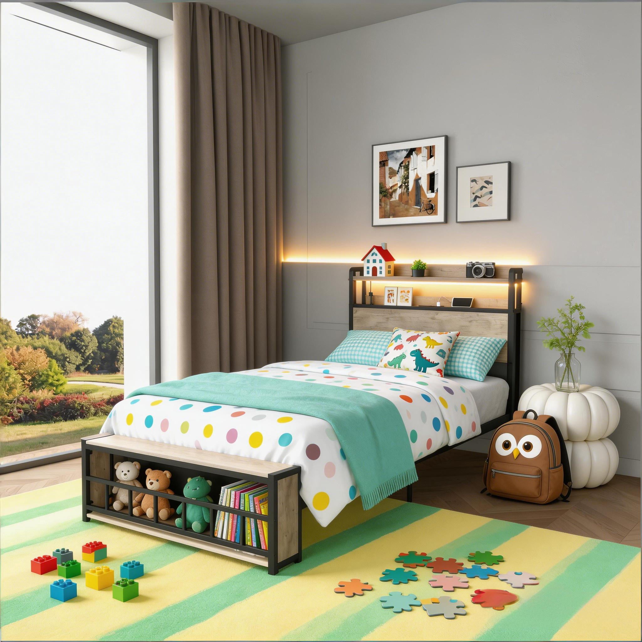 Mintazer Kids Twin Size Power Outlet Headboard and Footboard Shelves Storage Metal Platform Bed Frame with LED Light and USB Charging for Boys Girls, Gray