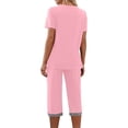 thumbnail image 3 of Qucoqpe - Conjuntos de pijama cómodos para mujer, con blusa de manga corta con cuello en V y pantalones anchos con estampado floral, estilo capri holgado, 3 of 5