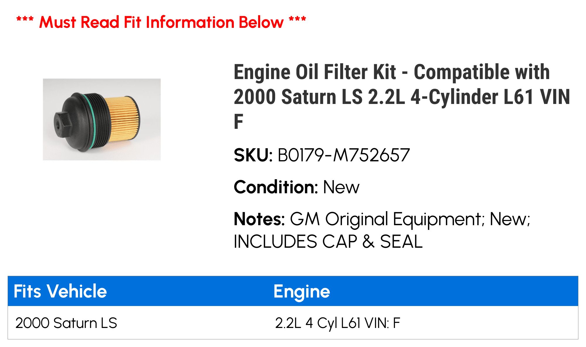 Engine Oil Filter Kit - Compatible with 2000 Saturn LS 2.2L 4-Cylinder L61 VIN F