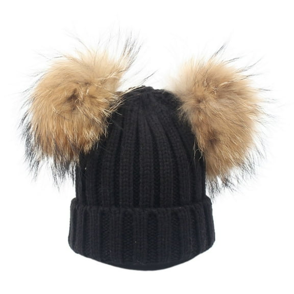 Hat Large Double Pom Pom Ball Knit Beanie Winter Ski Cap Bobble Black Free