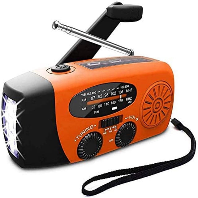 Radio meteorológica portátil de emergencia de 1000 mAh con energía solar y manivela, linterna LED, alarma SOS, radio de manivela para emergencias al aire libre