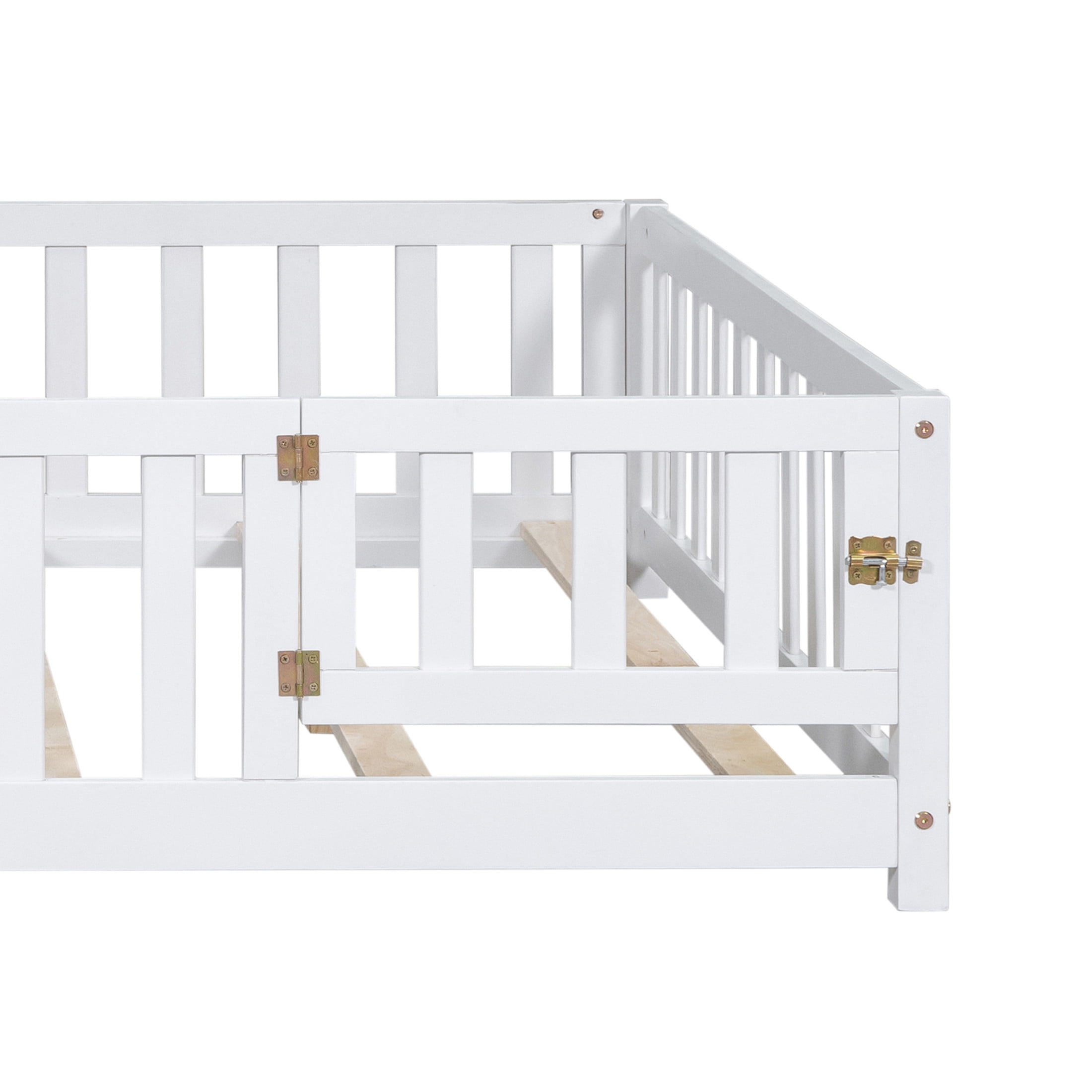 Noble House Full-Size Montessori Floor Platform Bed, Solid Wood Floor Beds with Fence & Door, Toddler-Safe, White
