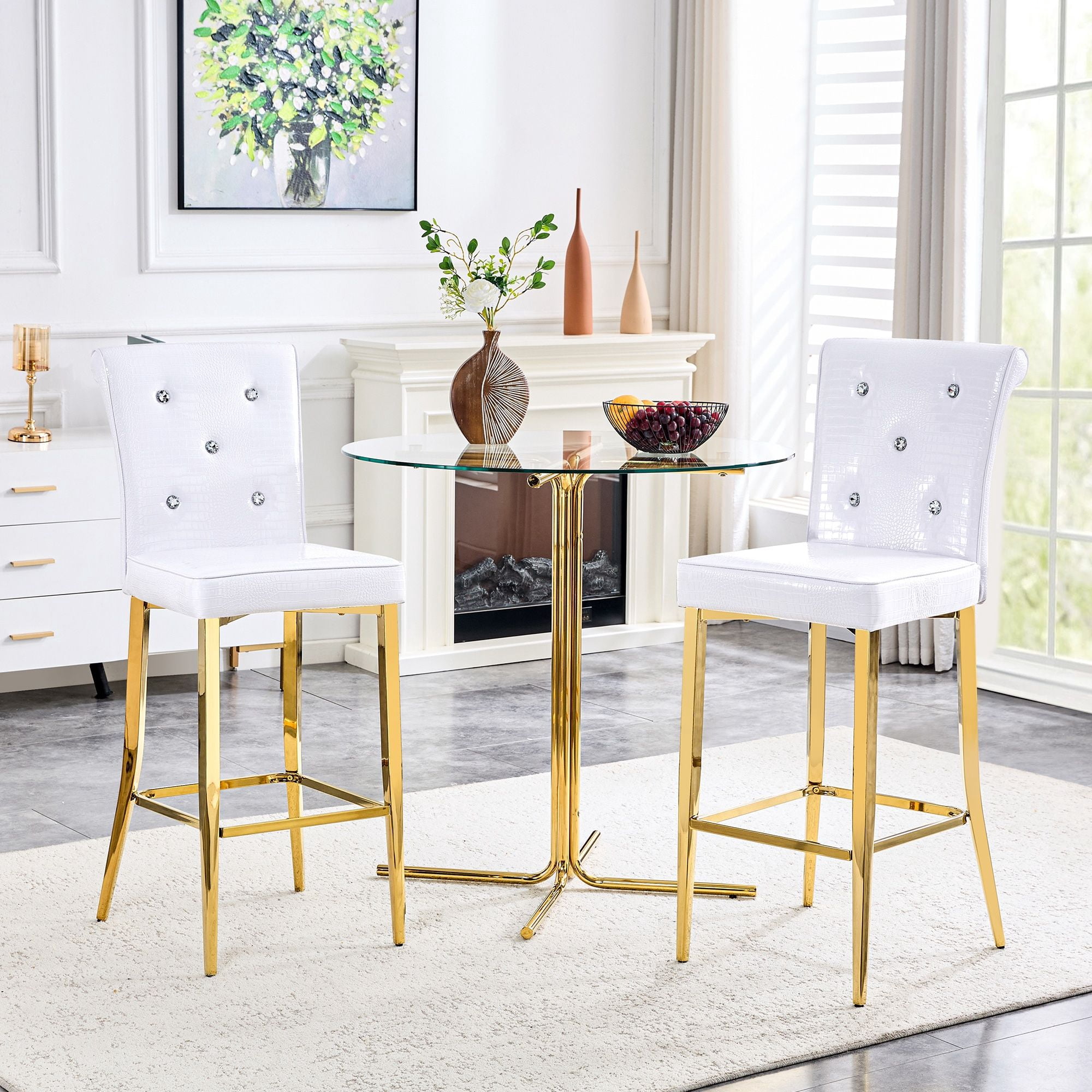 Alvantor Set of 2 White Gold Crocodile Faux Leather Bar Chairs with Crystal Accents