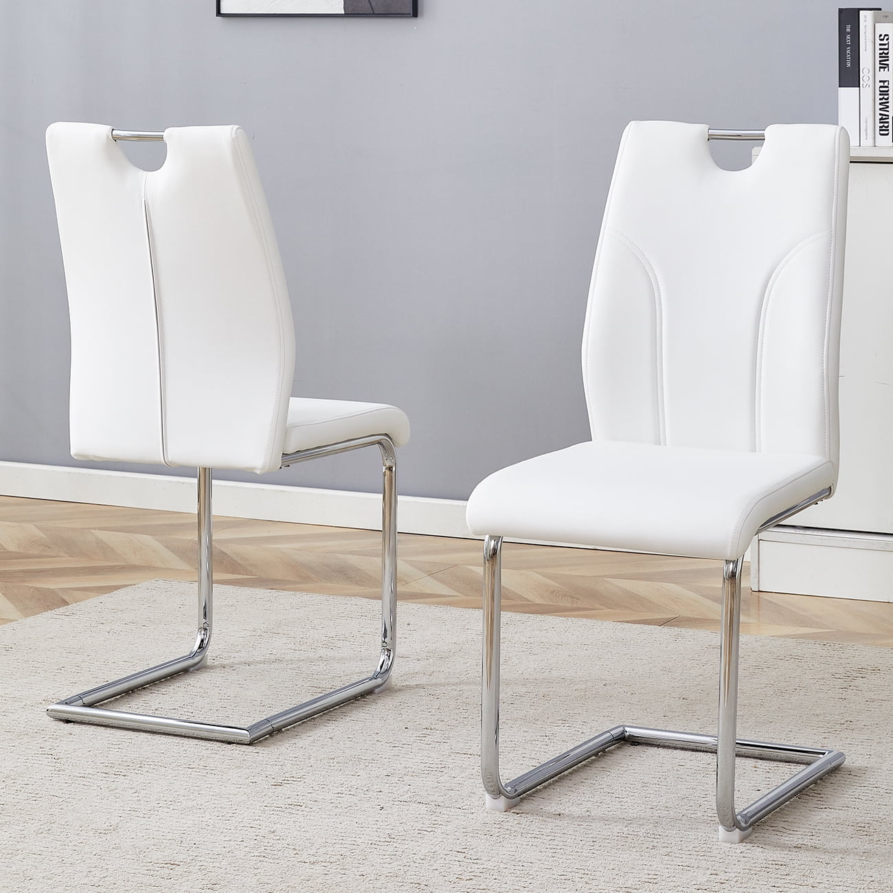 NYEESS Set of 2 White PU Upholstered Dining Chairs with Silver Metal Legs, Modern Ergonomic Seating for Kitchen or Office