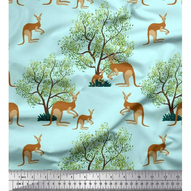 Soimoi Poly Georgette Fabric Tree & Kangaroo Animal Decor Fabric Printed Yard 52 Inch Wide