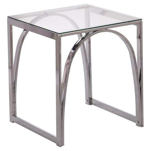 Maklaine Transitional Square Metal End Table with Glass Top in Silver