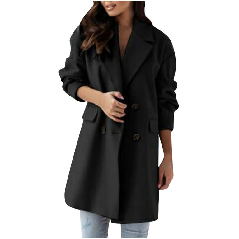 jsaierl Women's Basic Essential Double Breasted Mid-Long Wool Blend Pea  Coat Trench Jacket Winter Apparel