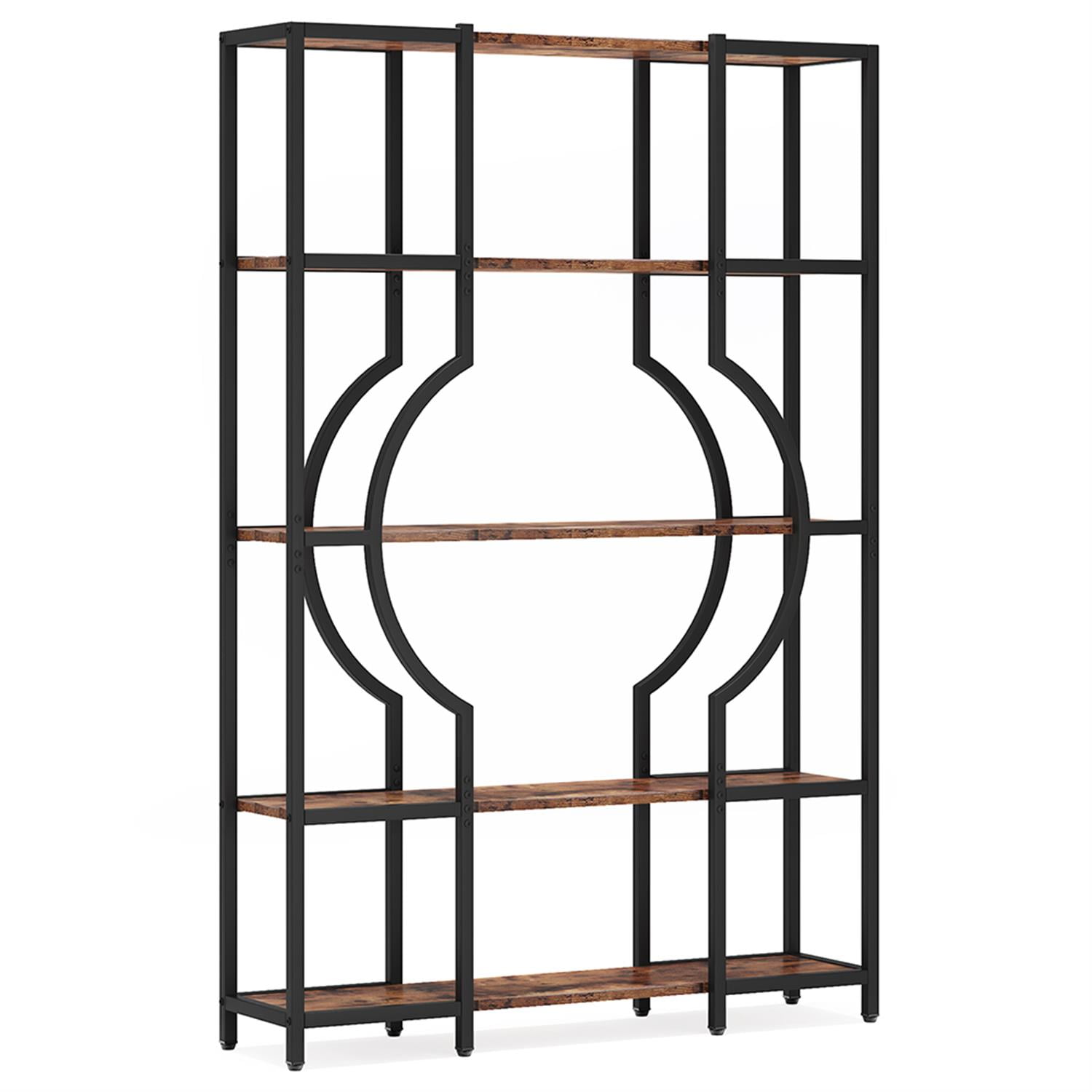 Demi Bonn 5 Tier Bookshelf, Wood and Metal Bookcase Storage Organizer, 66" Tall Industrial Display Standing Shelf Unit for Bedroom, Living Room, Brown