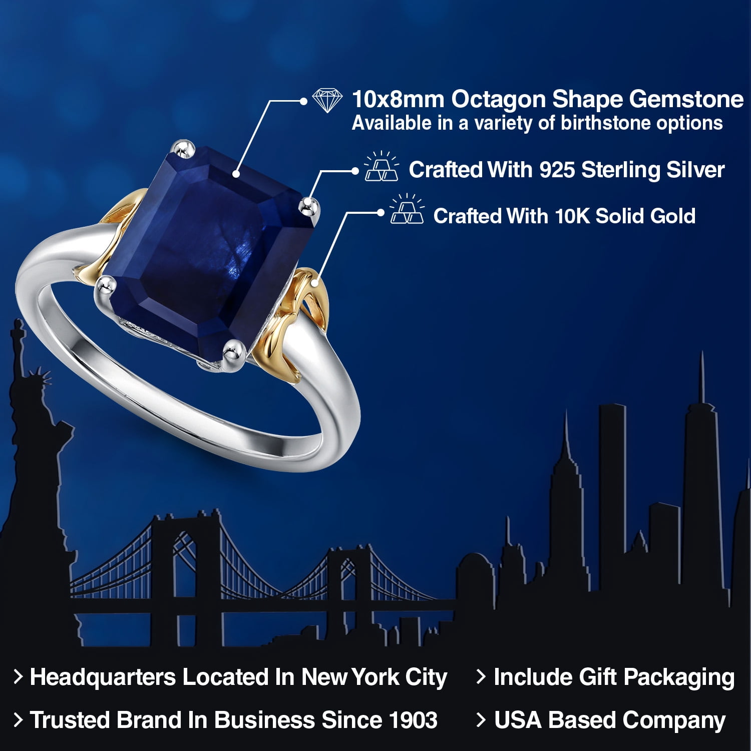 Gem Stone King 925 Silver and 10K Yellow Gold Blue Sapphire Solitaire Engagement Ring for Women | 3.45 Cttw | Octagon 10X8MM | Gemstone September Birthstone | Size 6