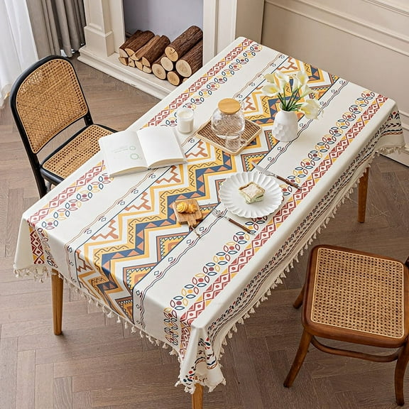 XmhyTop-A cotton linen tablecloth, no wash fabric, ethnic style rectangular tassel tablecloth, homestay wallpaper, waterproof and oil resistant (yellow)
