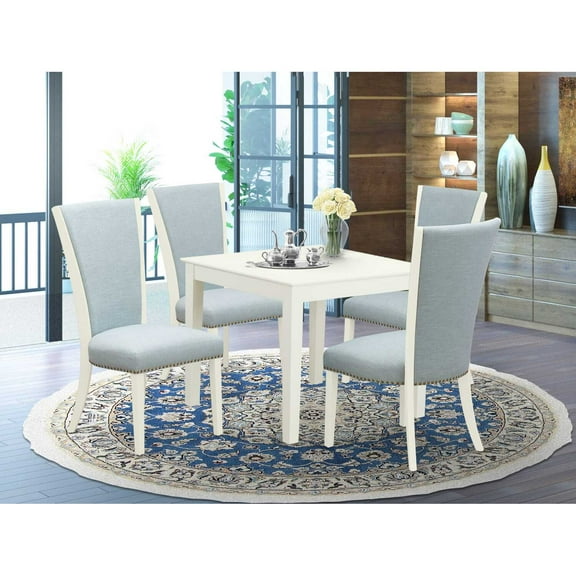 East West Furniture East-West Furniture OXVE5-LWH-15 - A dining table set of 4 fantastic dining room chairs with Linen Fabric Baby Blue color and a lovely Square dining room table with Linen White...