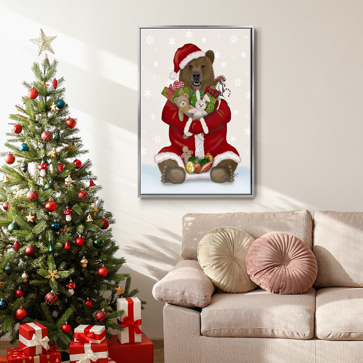 Christmas Christmas Present Bear Hug - Framed Gallery Wrapped Holiday Canvas - 25 x 37 - Silver Frame