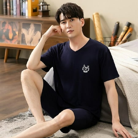

DanceeMangoo 2 Piece Set Pajamas for Men Summer Short Sleeve Tops Shorts Soft Modal Pajamas Homewear Suit Mens Sleepwear Loose Nightwear
