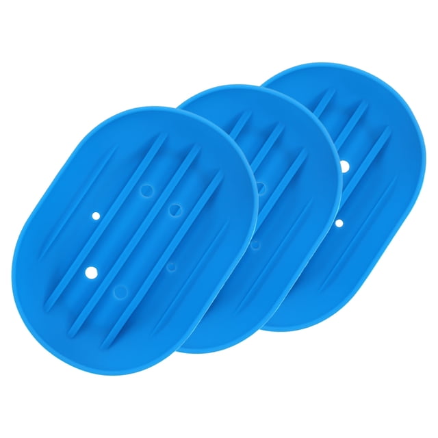 Juego de 3 platos de jabón pequeños, soporte de jabón de silicona en forma ovalada con agujeros para ducha, baño (azul)