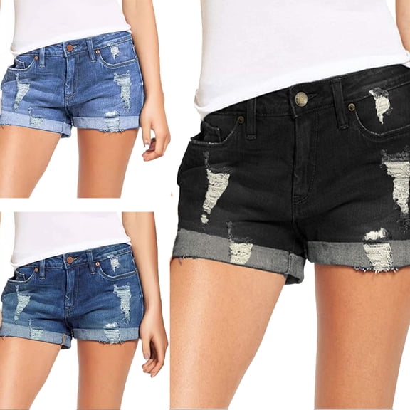 LYMAYTER Women's Ripped Denim Jean Shorts Folded Hem Short Jeans High Waisted Cowboy Shorts Stretchy Denim Jeanfor S-2XL