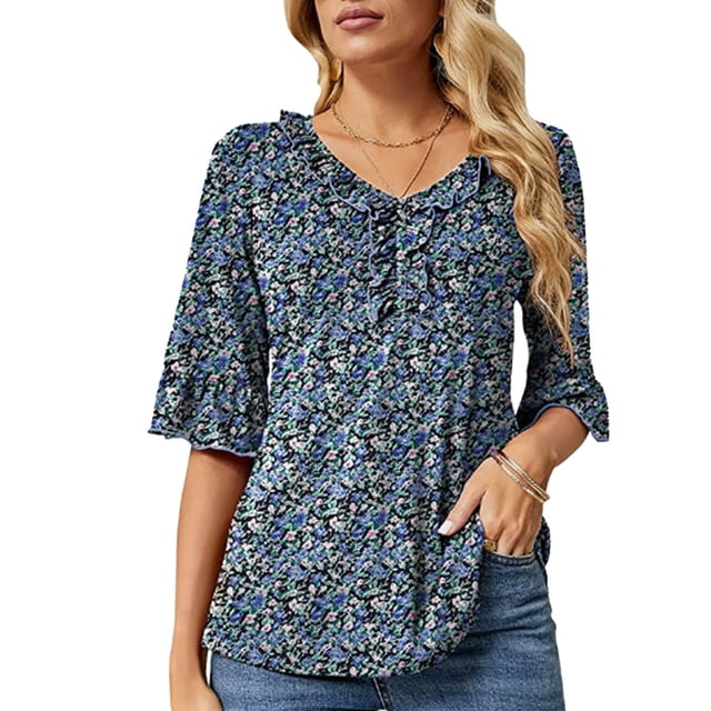 Blusa de media manga para mujer, blusa con cuello en V y ribete con volantes para mujer, camisa informal con cuello en V y rendimiento finamente ajustado