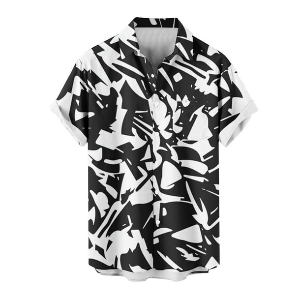 Mens Manga Corta Botón Abajo Camisas Gira Cuello Impresión Casual Blusa, Camisas de Verano para Hombre