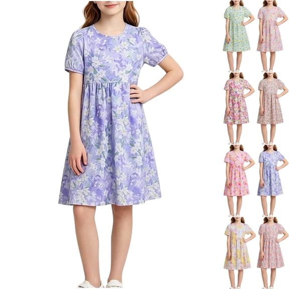 Teyfeniy Girls Floral Print Dresses Short Sleeve Crew Neck Midi Dress Flowy Pleated Lightweight Cotton Summer Going out Graphic Dress, for 5 to 20 Years