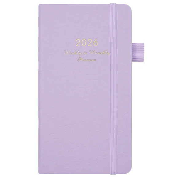 2026 Pocket Planner, Portable Weekly & Monthly Organizer, Leather Cover with Bookmark, Perfect Office Notebook, Ideal for Colleagues & New Year Gifts,Light Purple