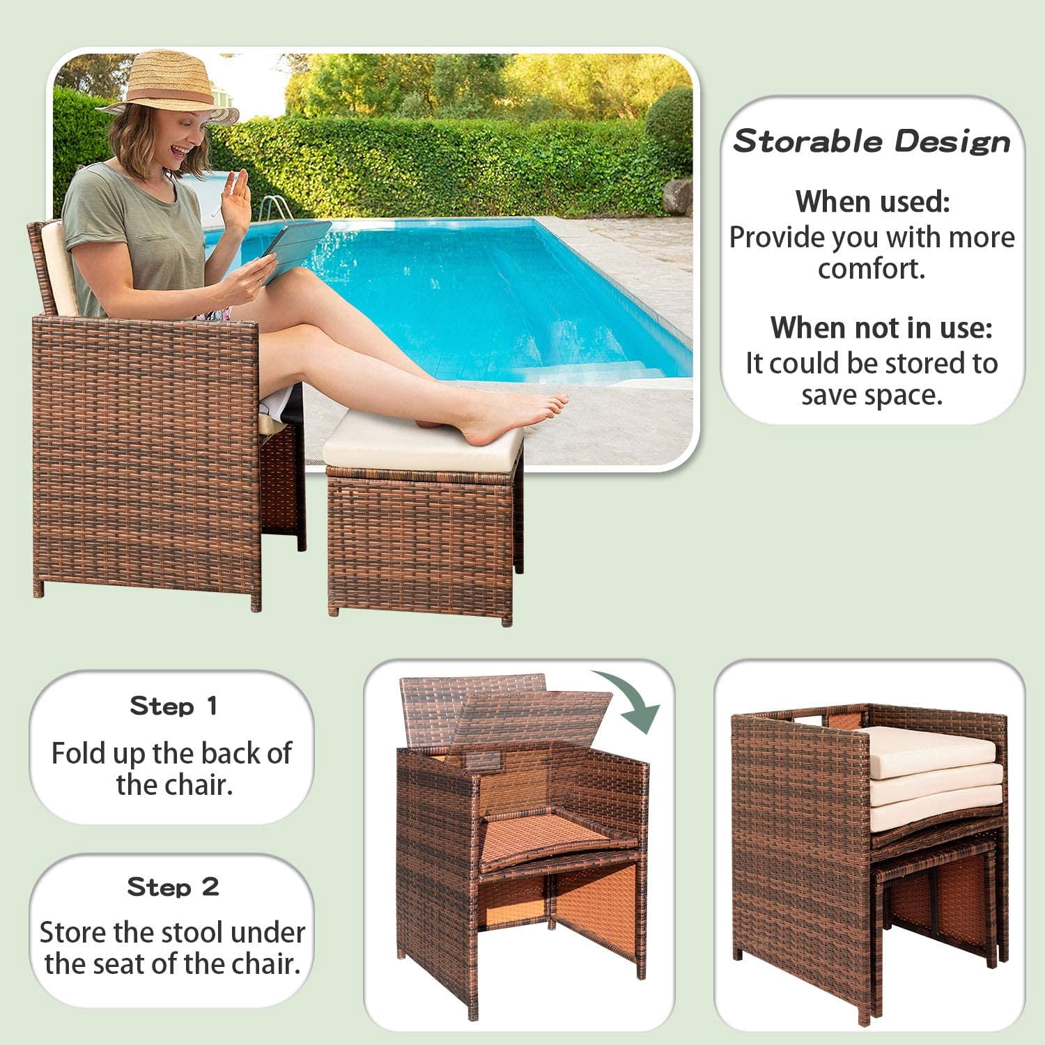 Vineego 8 Pieces Patio Furniture Set Outdoor All Weather Cushioned Wicker Chairs with Ottoman and Glass Table(Beige)