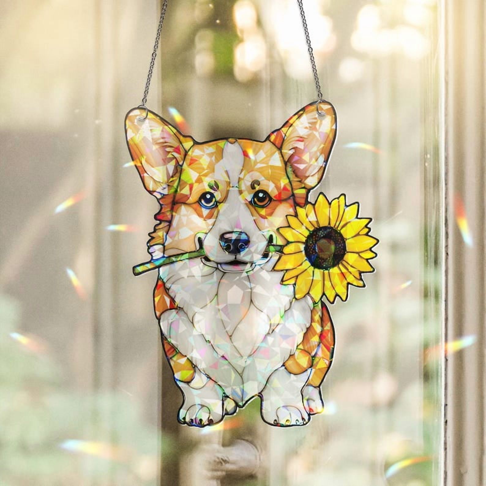 ViciArt Corgi & Sunflower Suncatcher, 4" Holographic Acrylic Window Hanging, Cute Dog Floral Decor