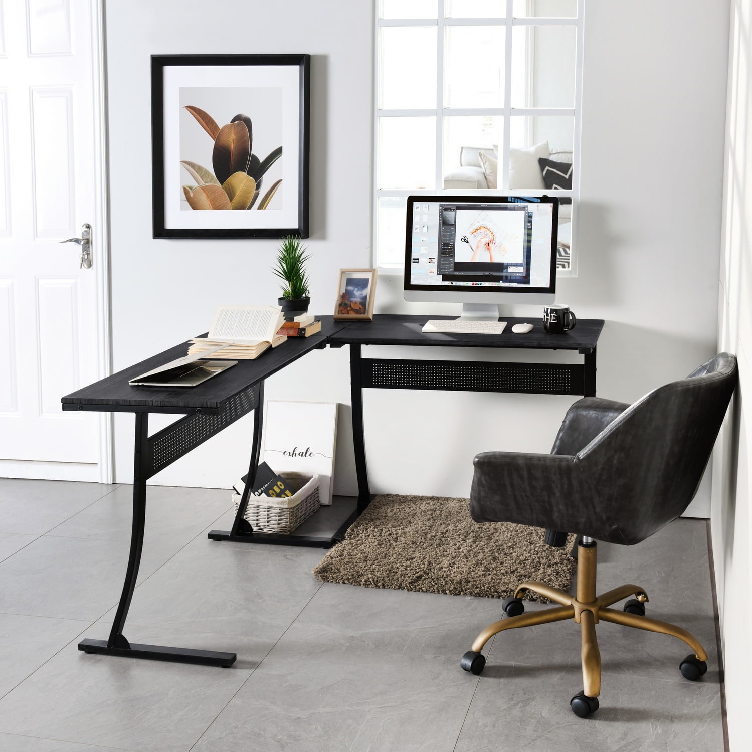 Kepooman L- Shaped Gaming Desk, Home Office Desk with Round Corner, Computer Desk Workstation, Black Kepooman L- Shaped Gaming Desk, Home Office Desk with Round Corner, Computer Desk Workstation, Black