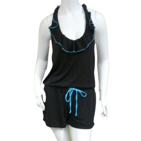 Bongo Womens Black & Blue Swim Suit Cover Up Ruffled Romper Jumpsuit