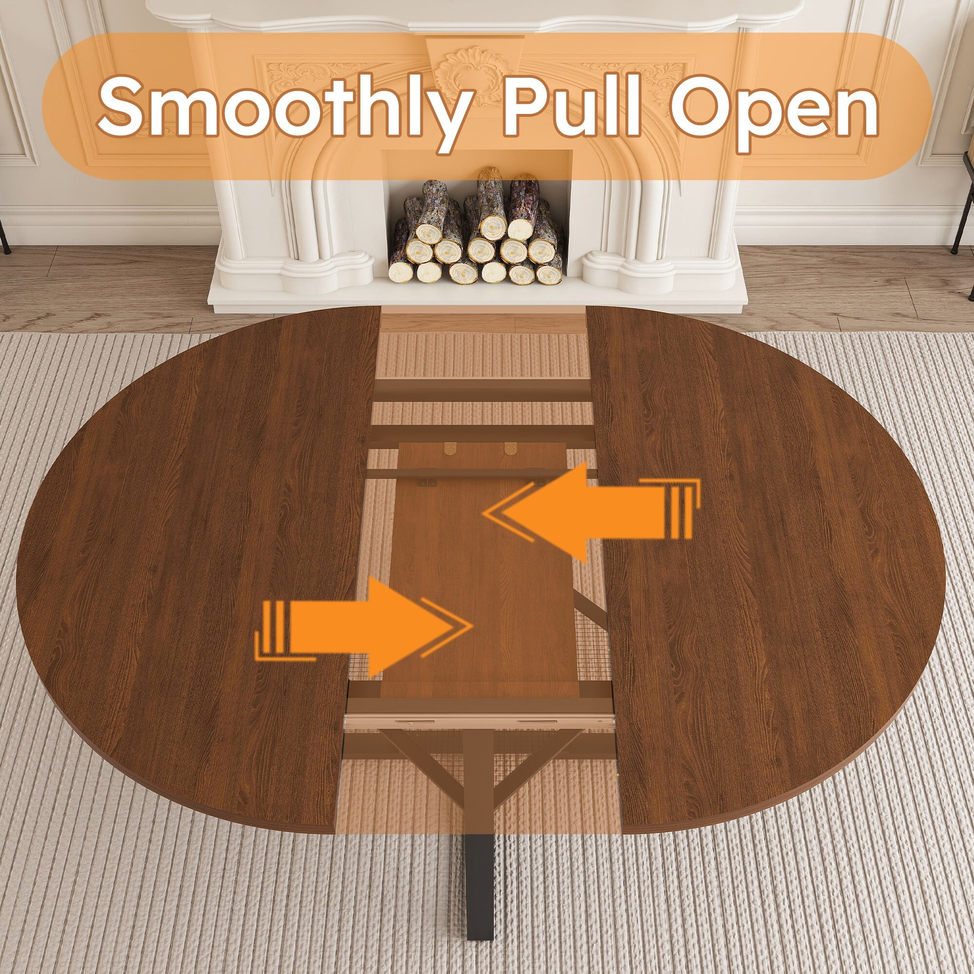 AENKYO 47-59" Extendable Round Dining Table for 4-8 People, Kitchen Table with Metal Storage Shelf, Walnut
